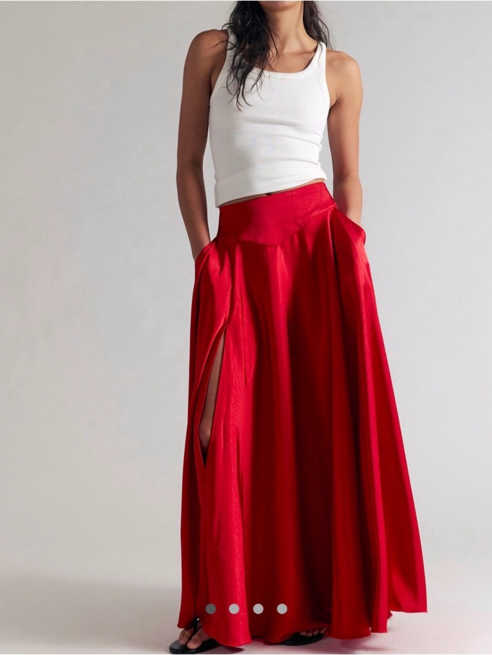 Free People-Chilco Salsa Red Satin Maxi Skirt with Side Slit-New-Size 2
